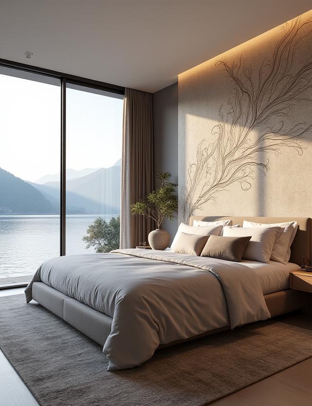 Camera da letto padronale con vista lago e parete d'accento calligrafica Muro Stile, che infonde serenità ed eleganza.