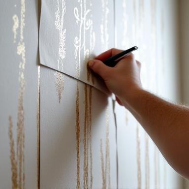 Professionista che applica con cura un foglio di carta da parati su una parete, per l'installazione d'autore.