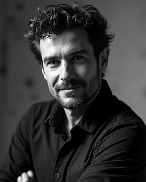 Ritratto artistico in bianco e nero di Alessandro Rossi, fondatore di Muro Stile, nel suo studio creativo.